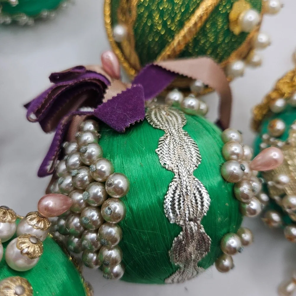 6 Vintage Handmade Satin Beaded Christmas Ball Ornaments Green Gold Pearl